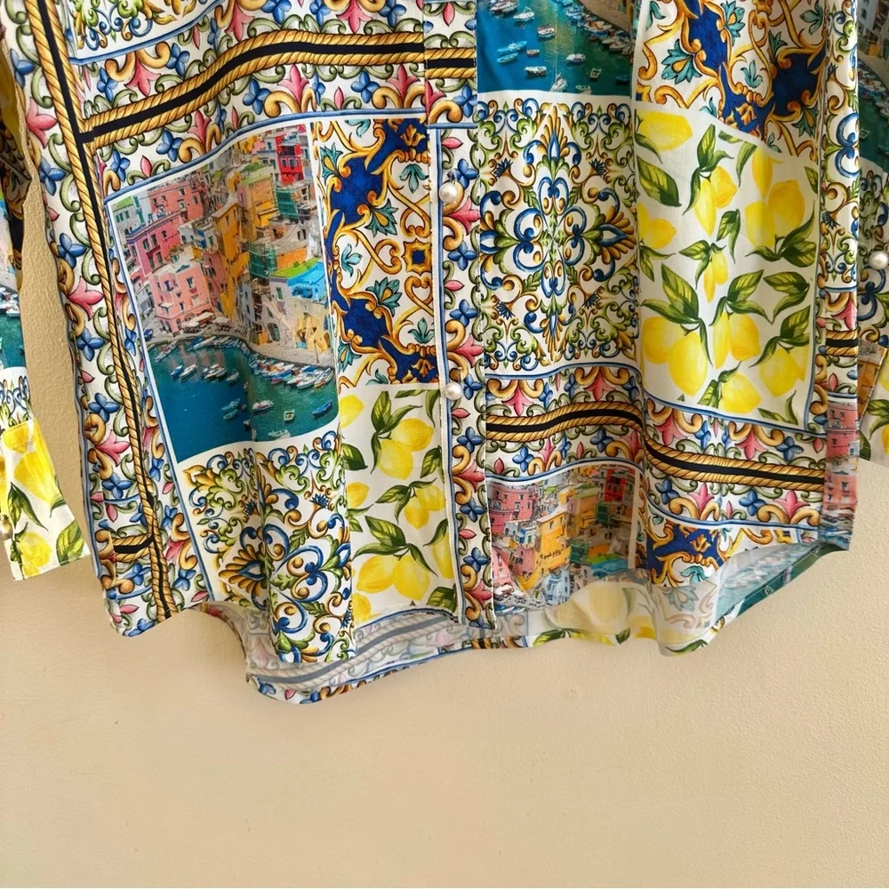 NWT Terez Amalfi Coast Patchwork Print Long Sleeve Blouse Yellow Blue Multi MED - Picture 8 of 16